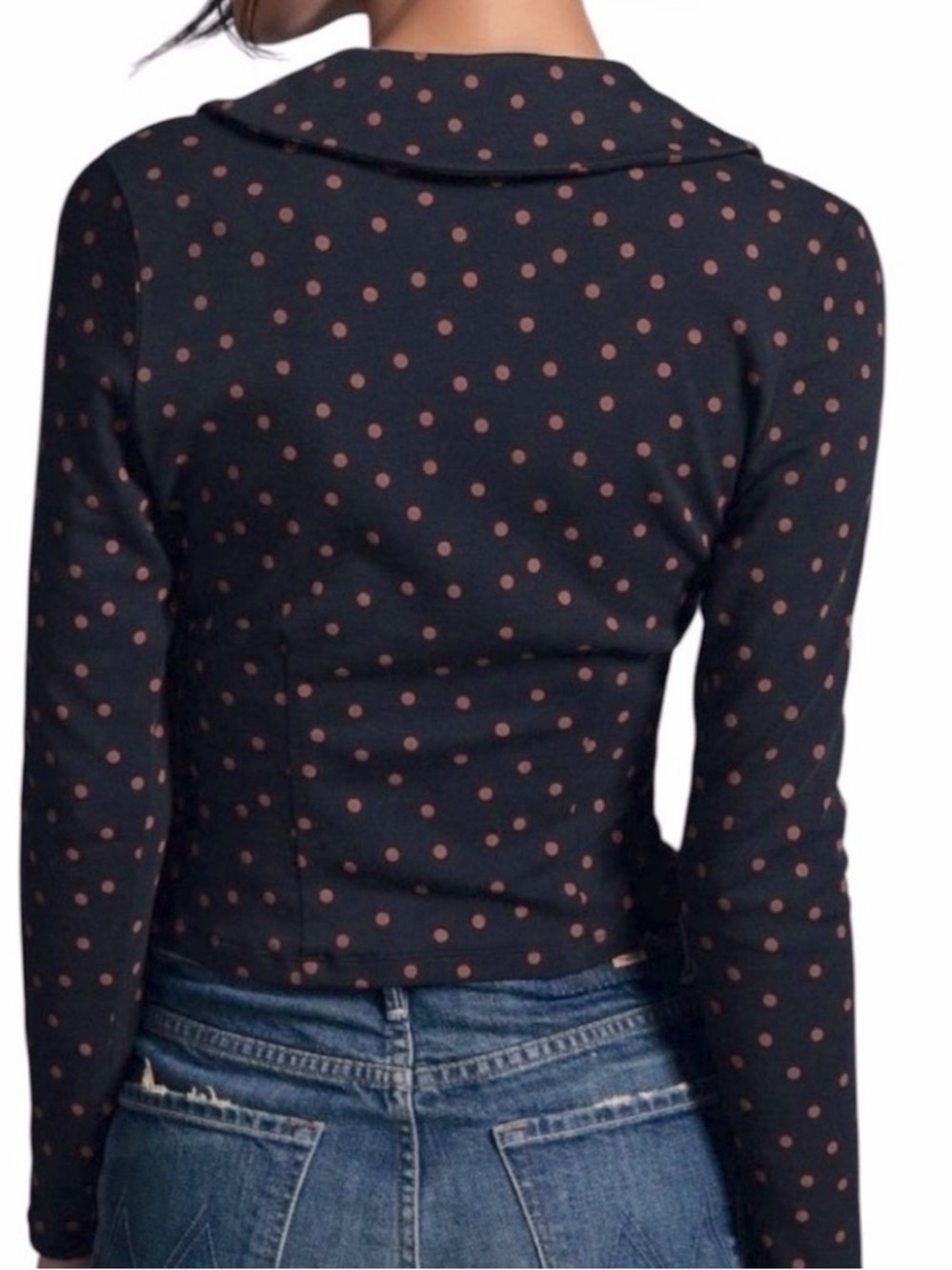Anthropologie Maeve Navy Blue Brown Polka Dot Print Ruched Collared Crop M - Picture 2 of 5
